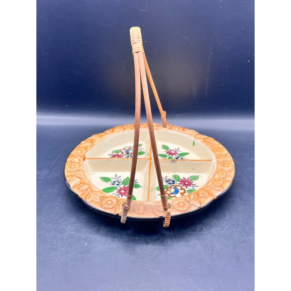 Vtg 4 Section Divided‎ Serving Dish Wicker Handle Ceramic Floral Japan 7.5